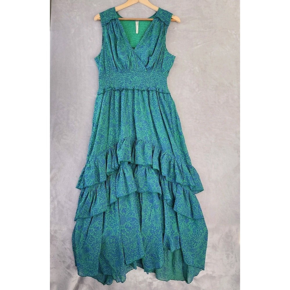 Anthropologie Teal Green Floral Tiered Maxi Dress